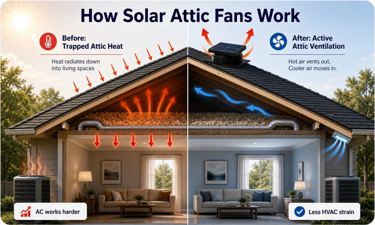 Side-by-side cutaway: the same house before installing a solar attic fan (hot attic, over-heated ductwork, over-worked AC) and after installing a solar attic fan (cooler attic, cooler ductwork, efficient AC).